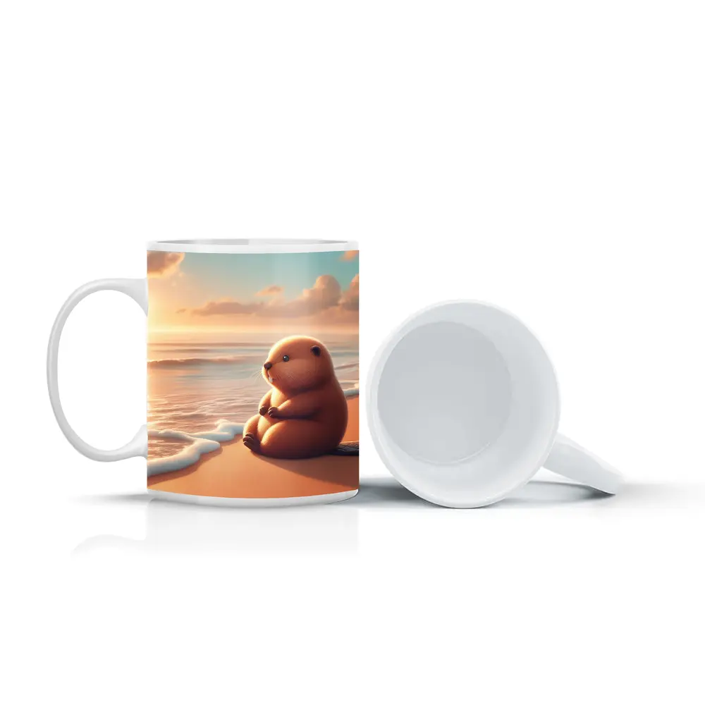 Cute Beaver Sitting On Sunny Beach – Mugs