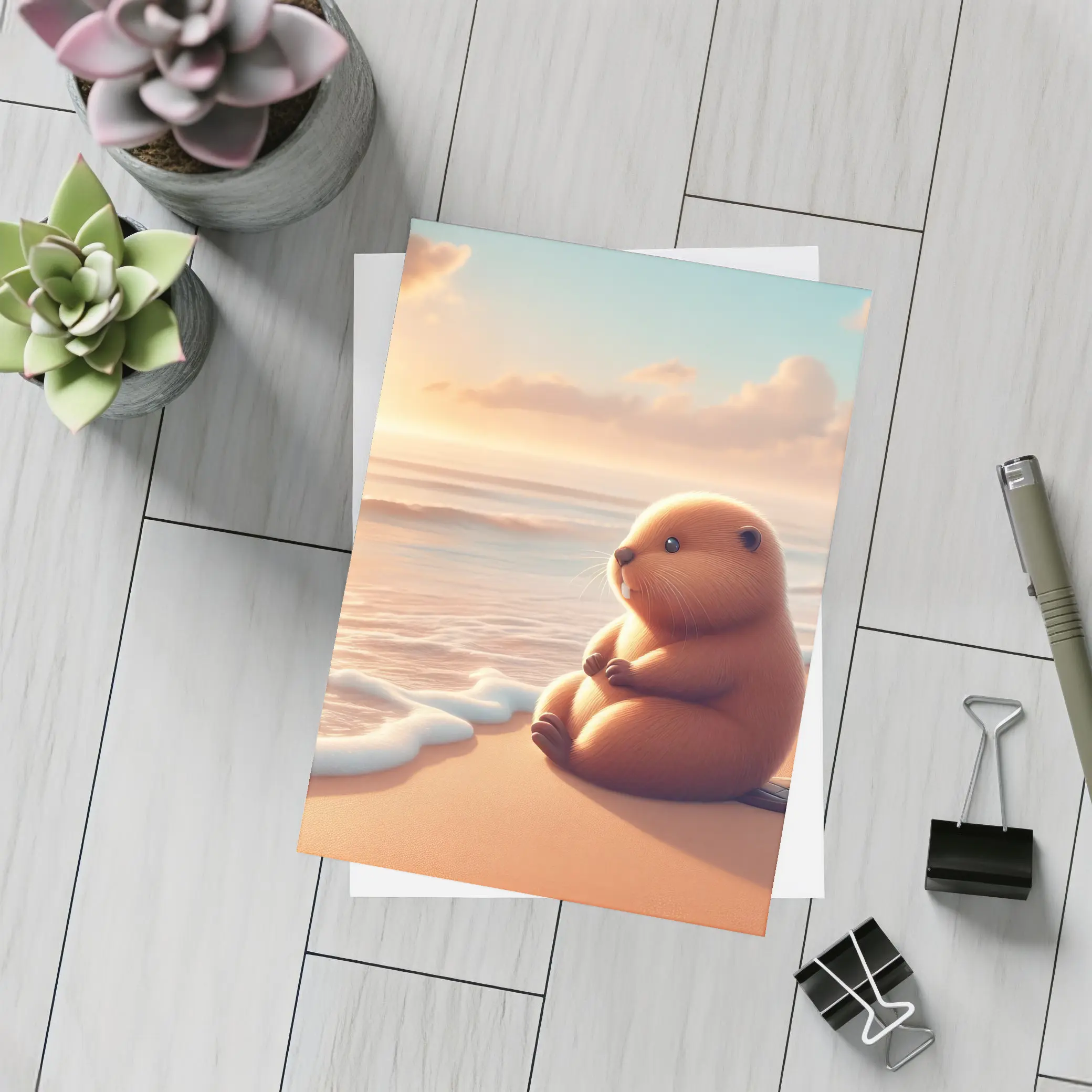 Cute Beaver Sitting On Sunny Beach – Postcards