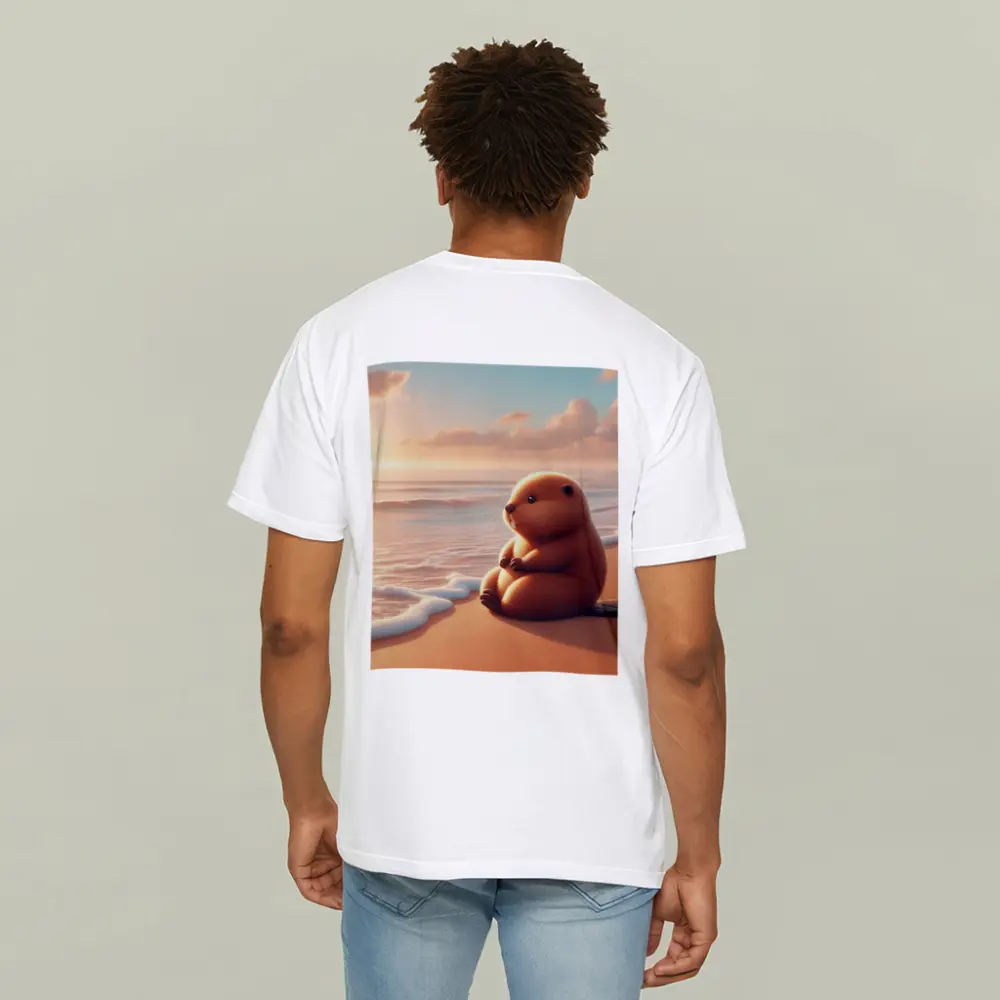 Cute Beaver Sitting On Sunny Beach – T-Shirts
