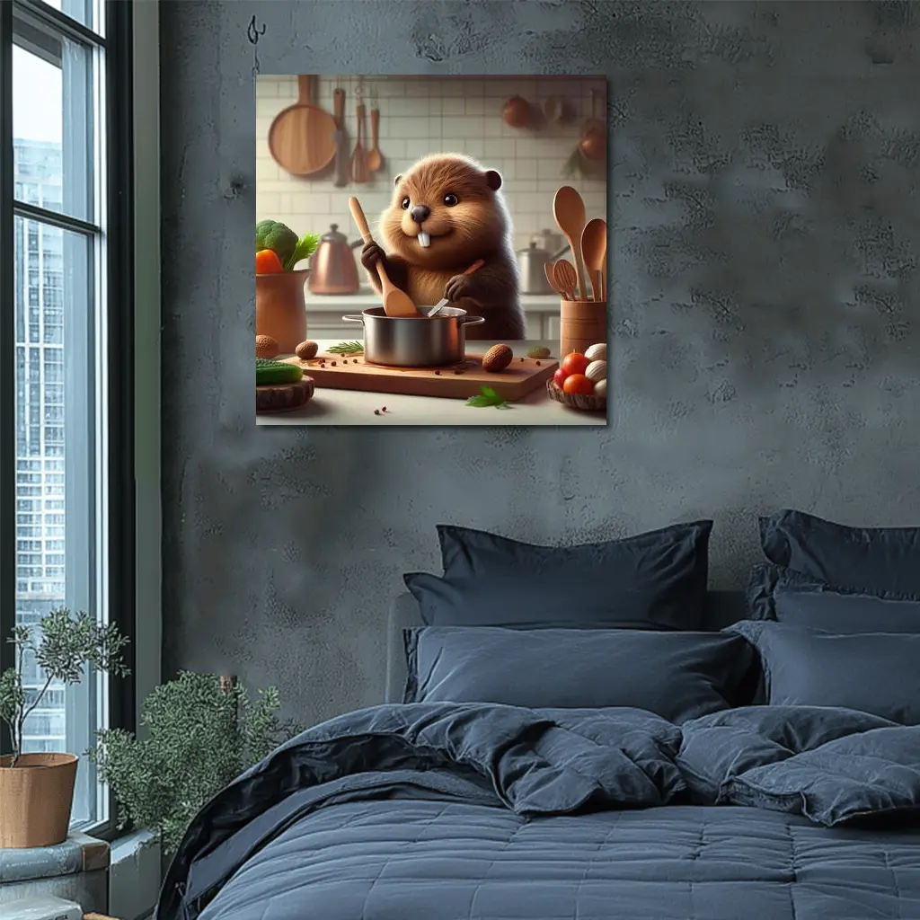 Beaver Cooking in Cozy Kitchen – Wall Art