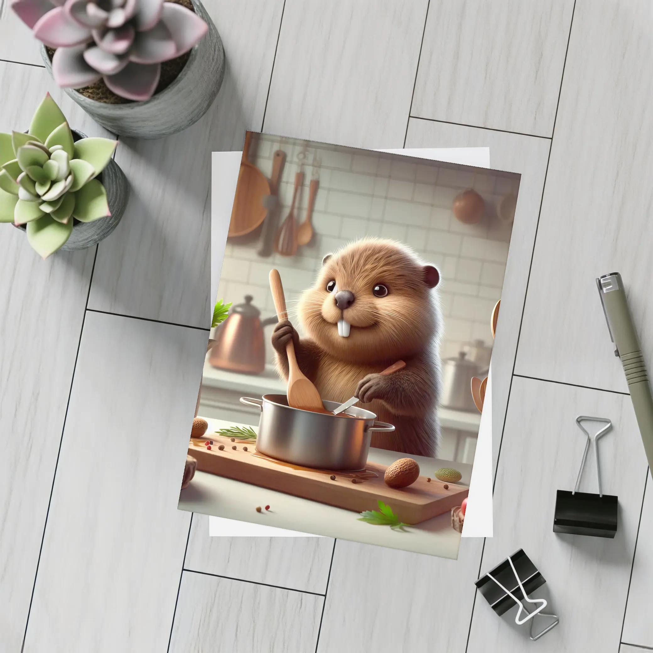 Beaver Cooking in Cozy Kitchen – Postcards