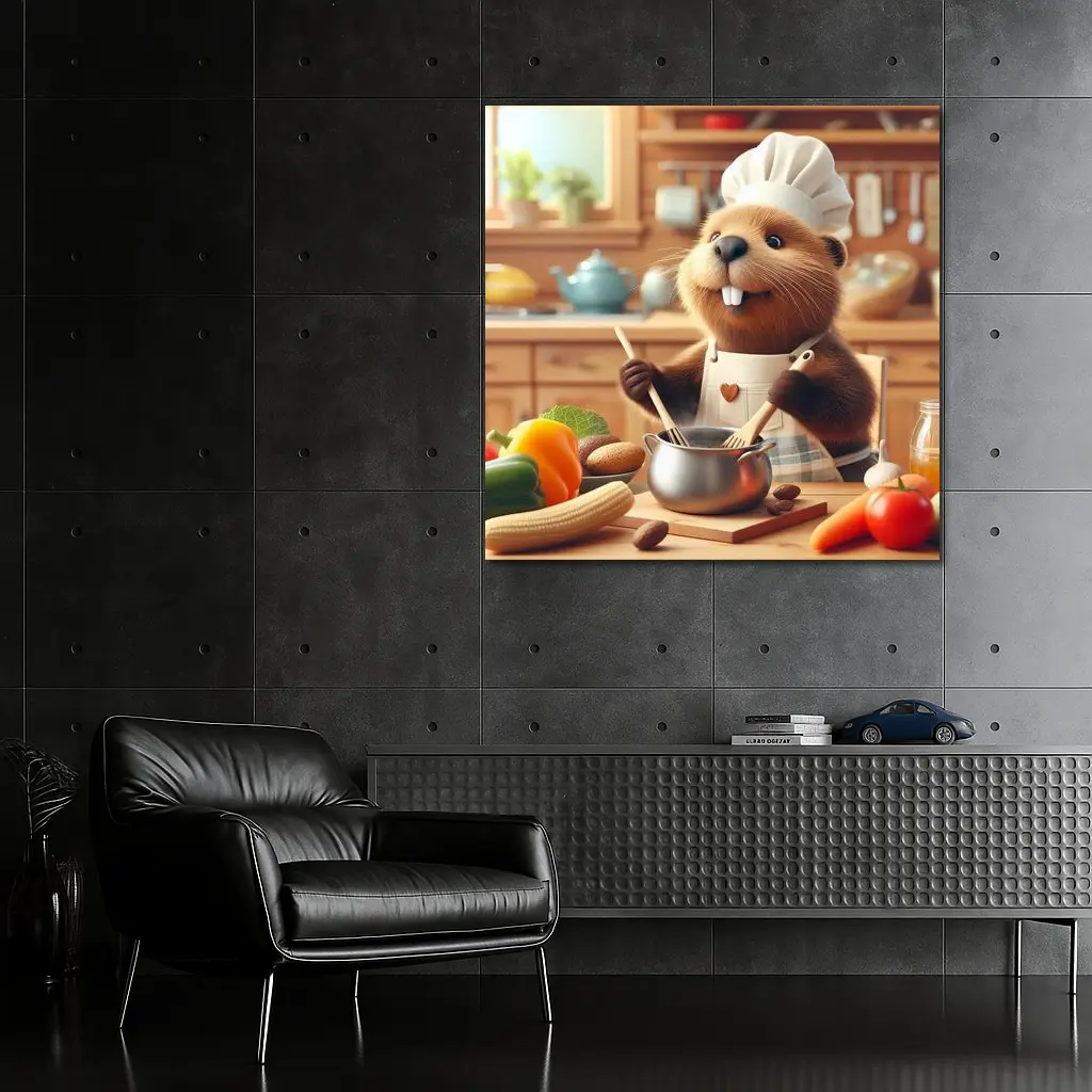 Beaver Chef Cooking in Cozy Kitchen – Wall Art