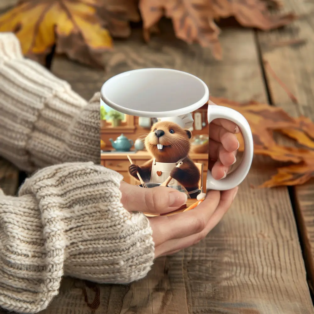 Beaver Chef Cooking in Cozy Kitchen – Mugs