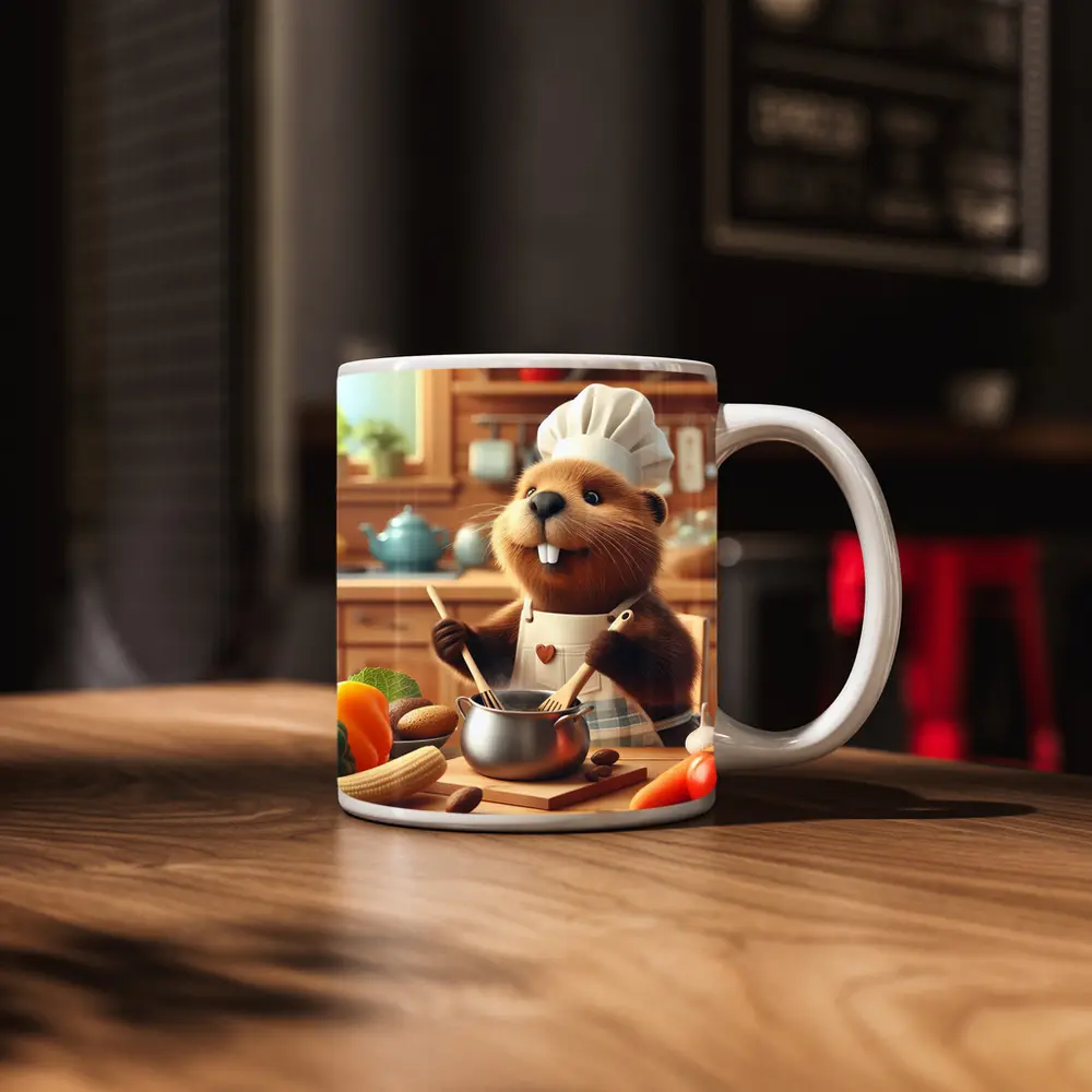 Beaver Chef Cooking in Cozy Kitchen – Mugs
