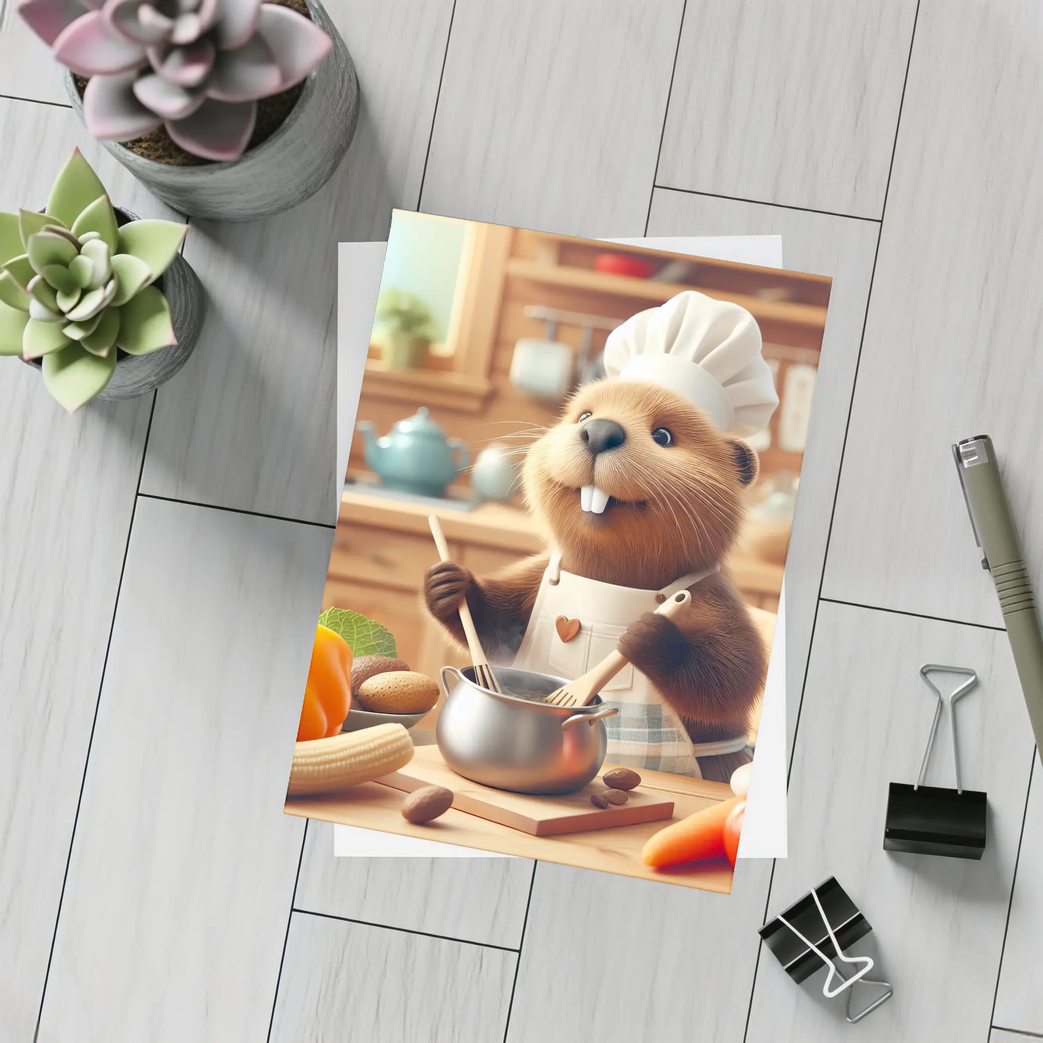 Beaver Chef Cooking in Cozy Kitchen – Postcards