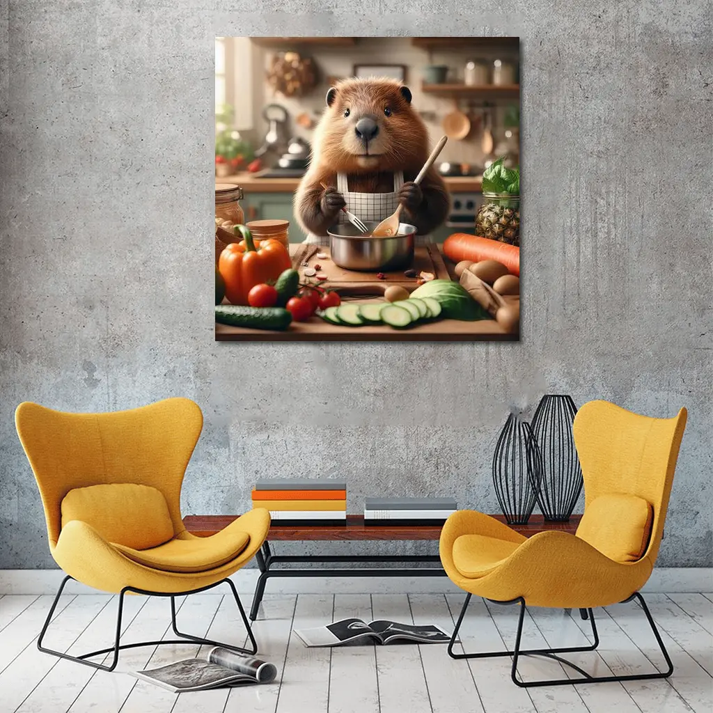 Beaver Chef Cooking Vegetables in Kitchen – Wall Art