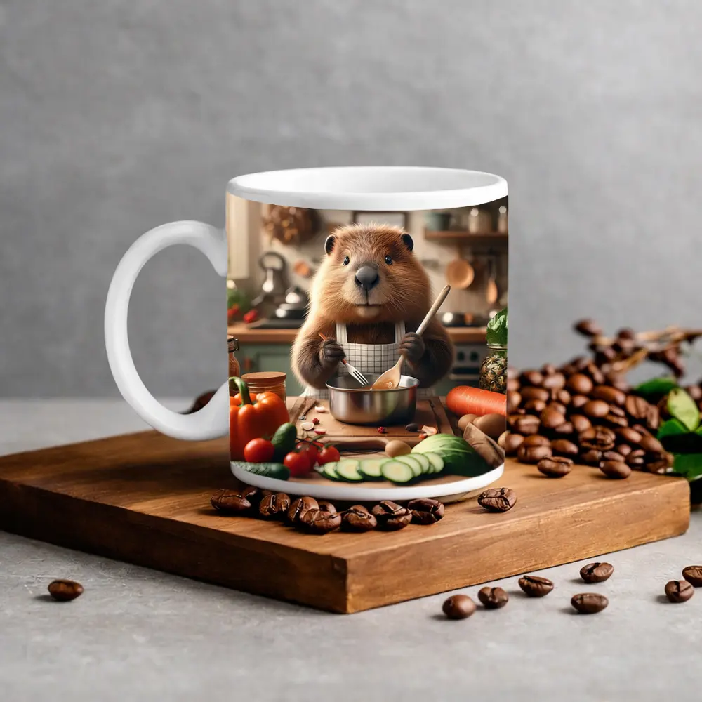 Beaver Chef Cooking Vegetables in Kitchen – Mugs