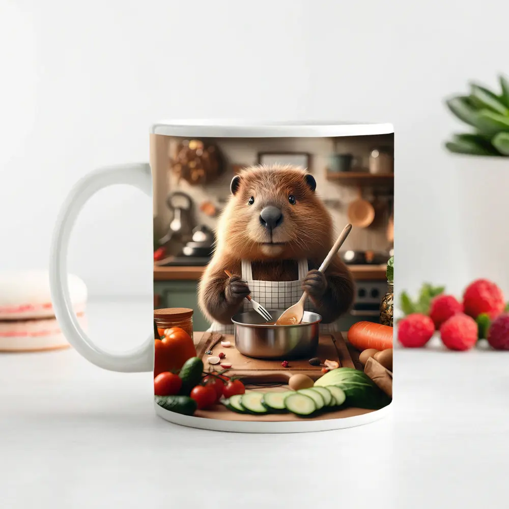 Beaver Chef Cooking Vegetables in Kitchen – Mugs