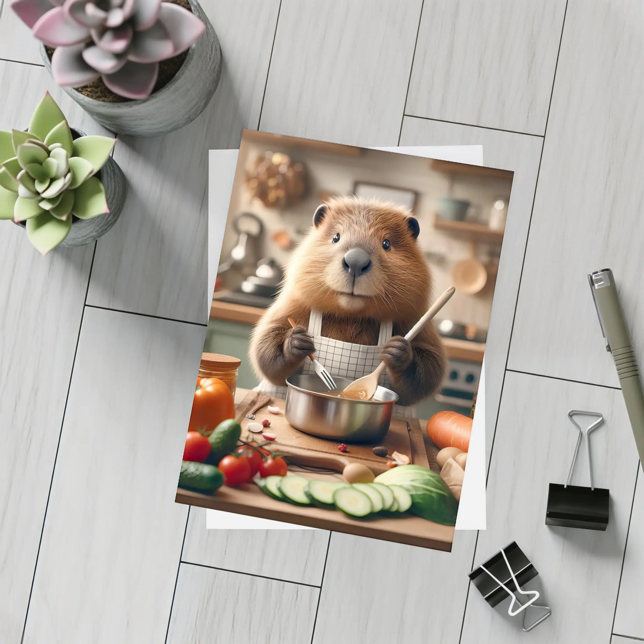 Beaver Chef Cooking Vegetables in Kitchen – Postcards