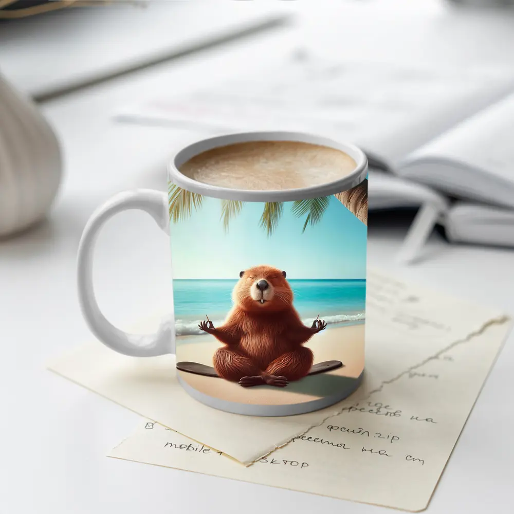 Beaver Meditating on Tropical Beach – Mugs