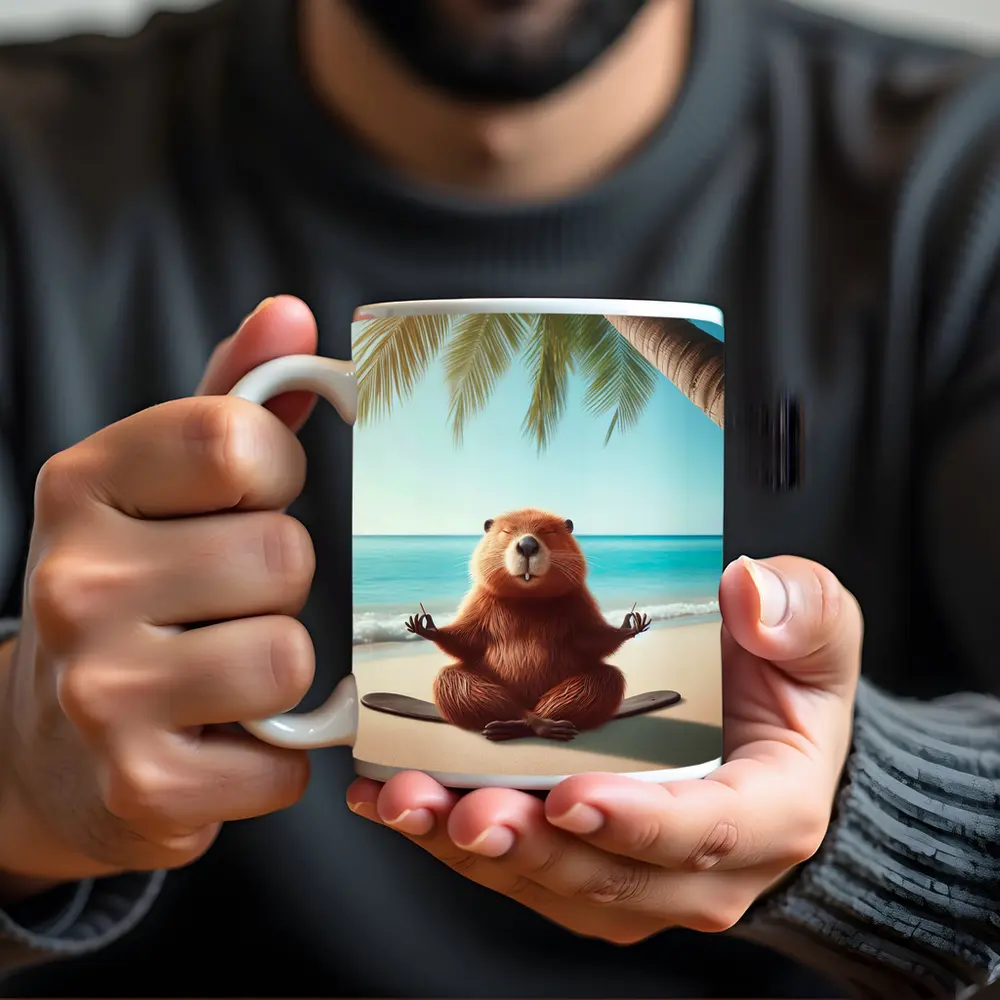 Beaver Meditating on Tropical Beach – Mugs