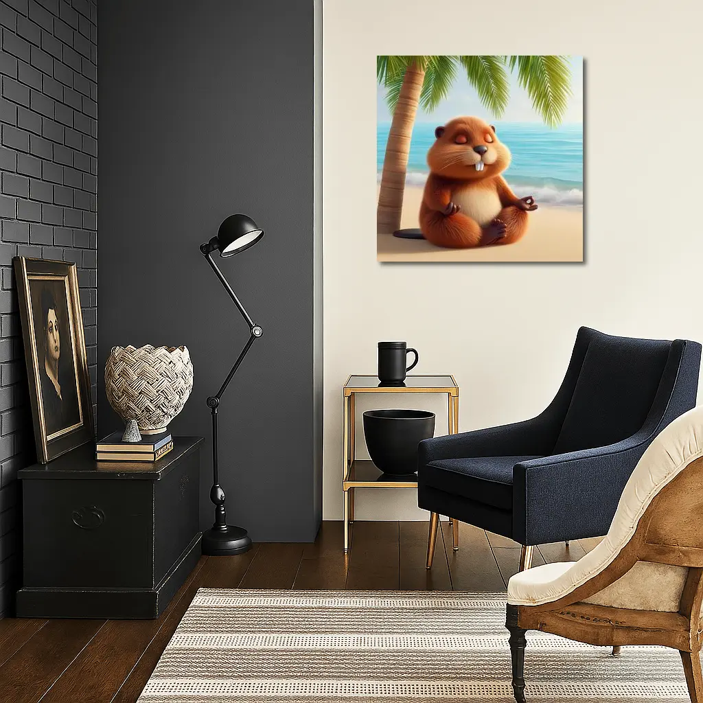Meditating Beaver Relaxing on Tropical Beach – Wall Art