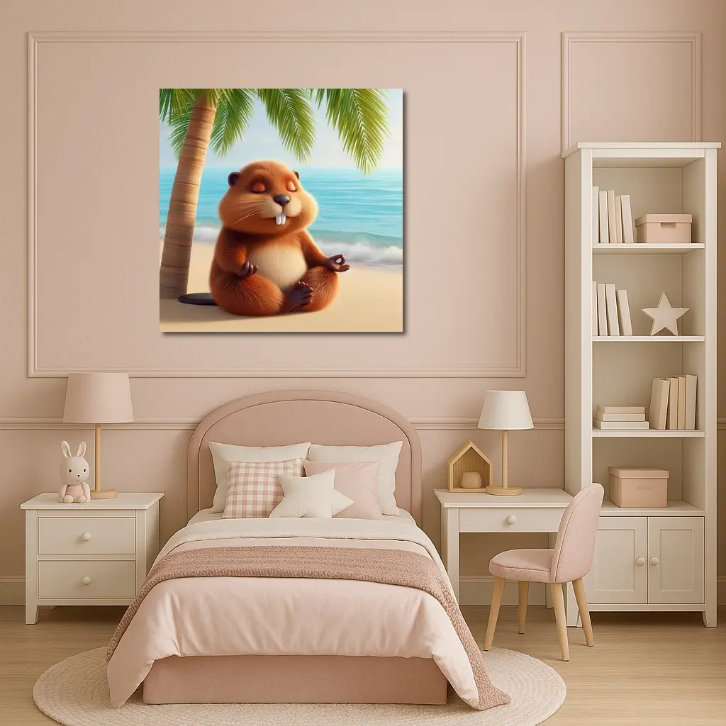 Meditating Beaver Relaxing on Tropical Beach – Wall Art