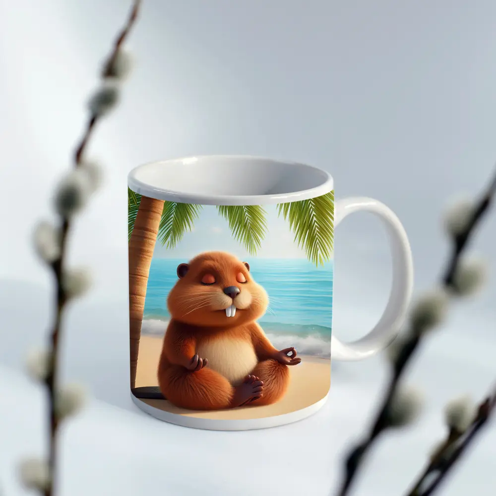 Meditating Beaver Relaxing on Tropical Beach – Mugs