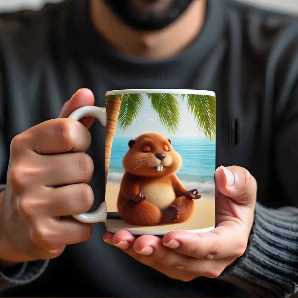 Meditating Beaver Relaxing on Tropical Beach – Mugs