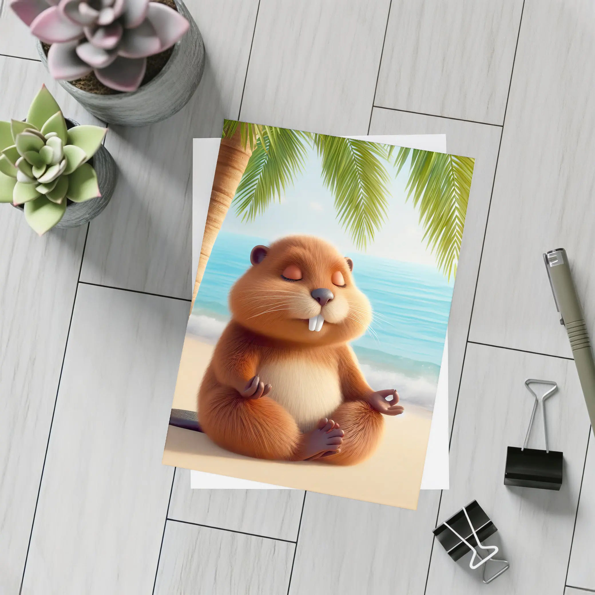 Meditating Beaver Relaxing on Tropical Beach – Postcards