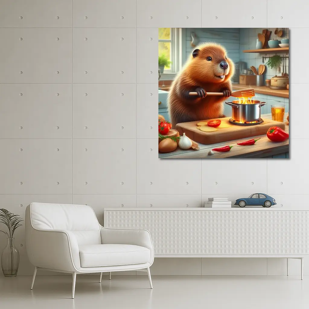Beaver Cooking in Cozy Kitchen Scene – Wall Art