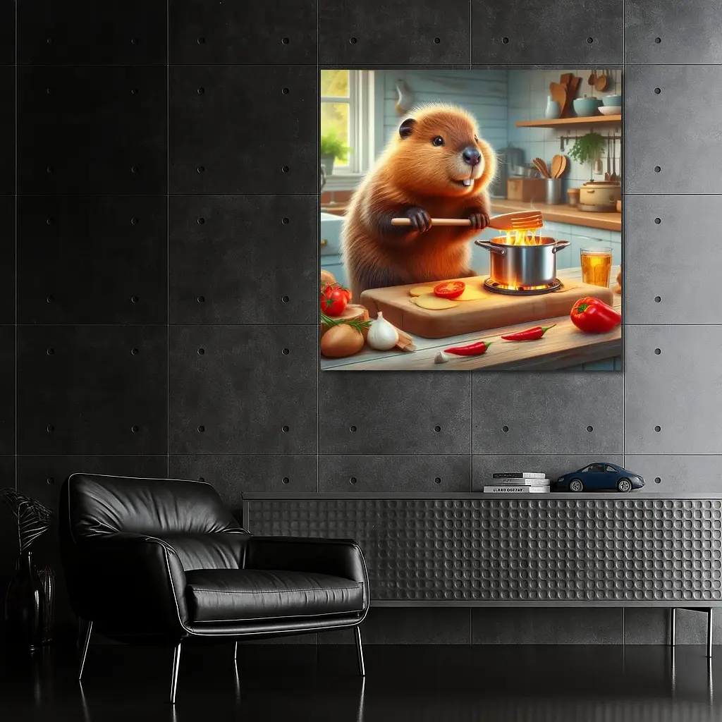 Beaver Cooking in Cozy Kitchen Scene – Wall Art
