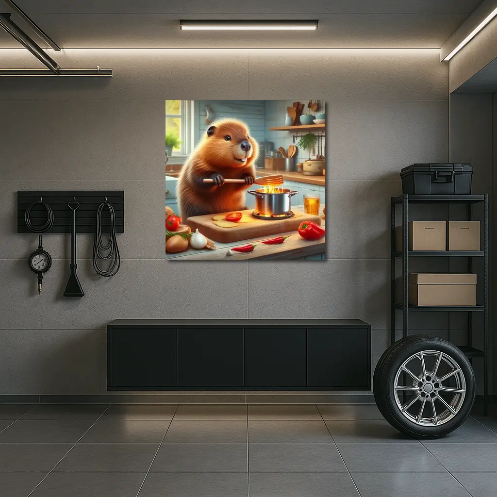 Beaver Cooking in Cozy Kitchen Scene – Wall Art