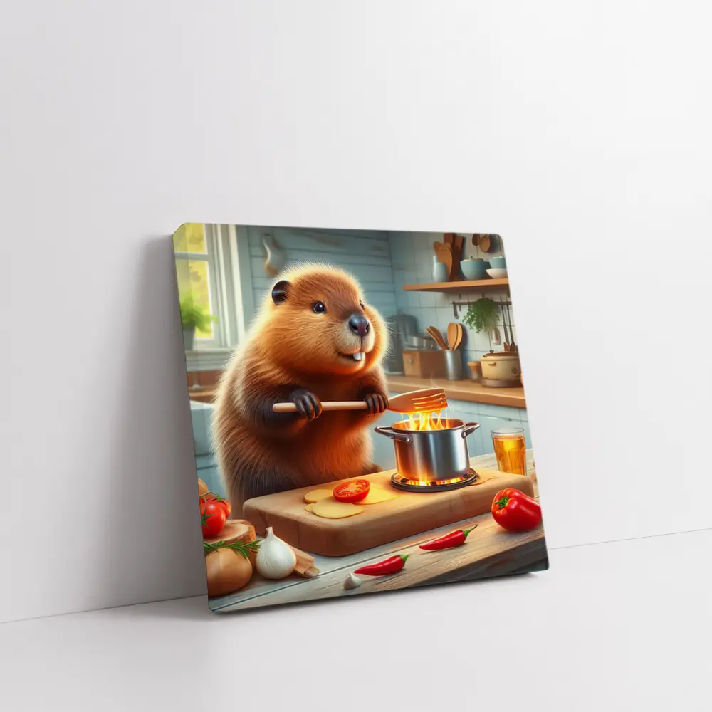 Beaver Cooking in Cozy Kitchen Scene – Wall Art