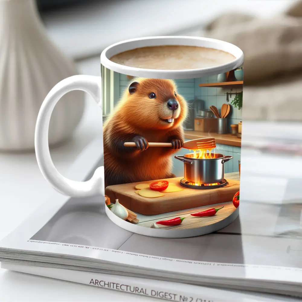 Beaver Cooking in Cozy Kitchen Scene – Mugs