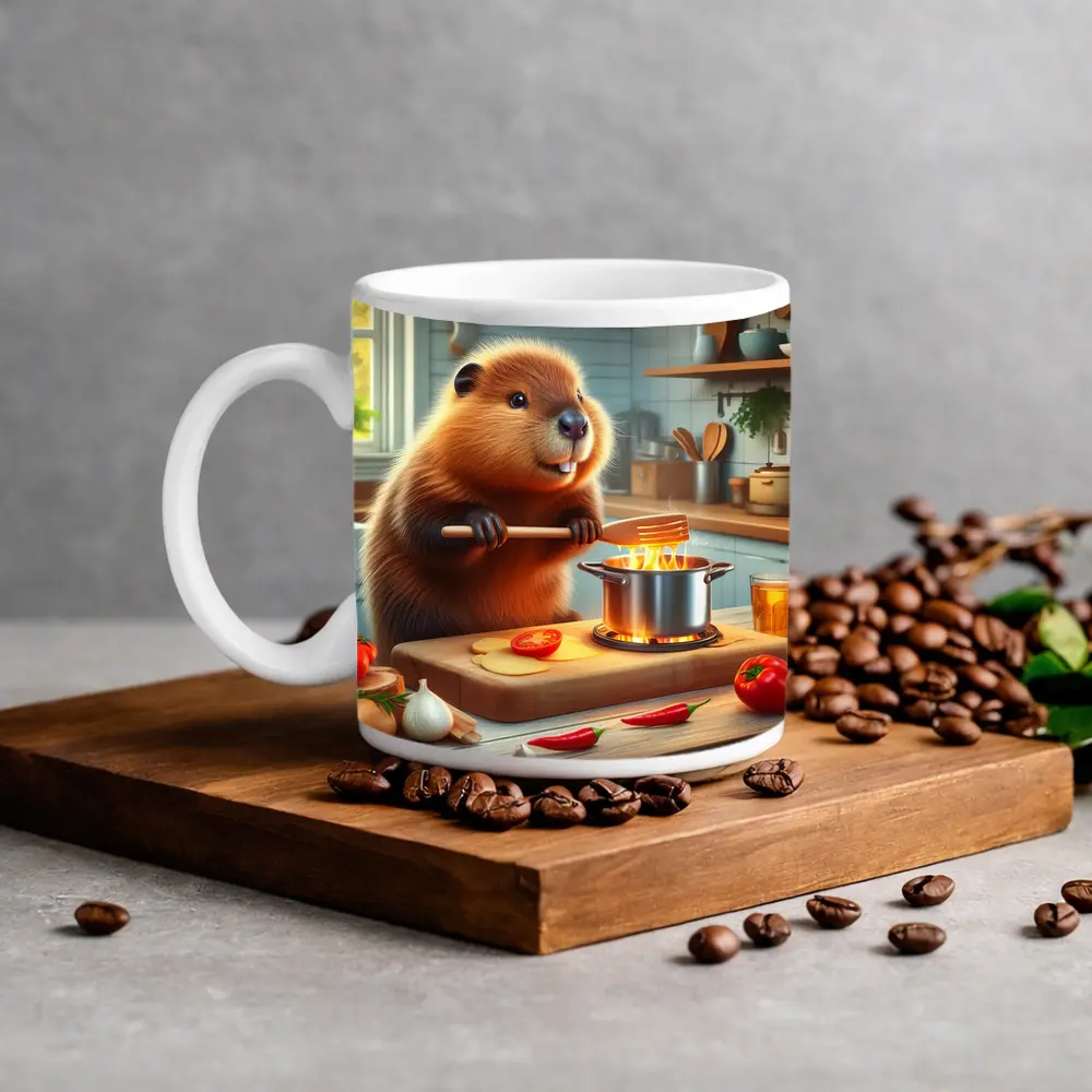 Beaver Cooking in Cozy Kitchen Scene – Mugs
