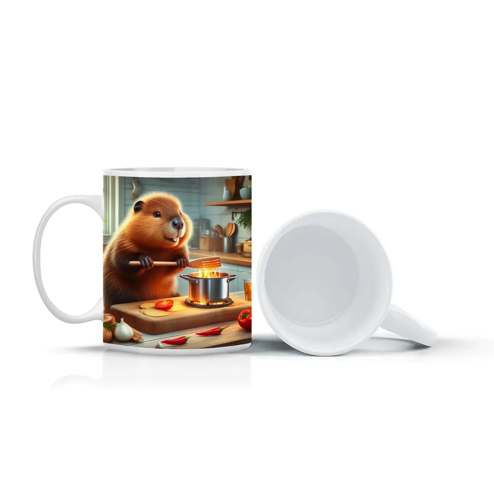 Beaver Cooking in Cozy Kitchen Scene – Mugs