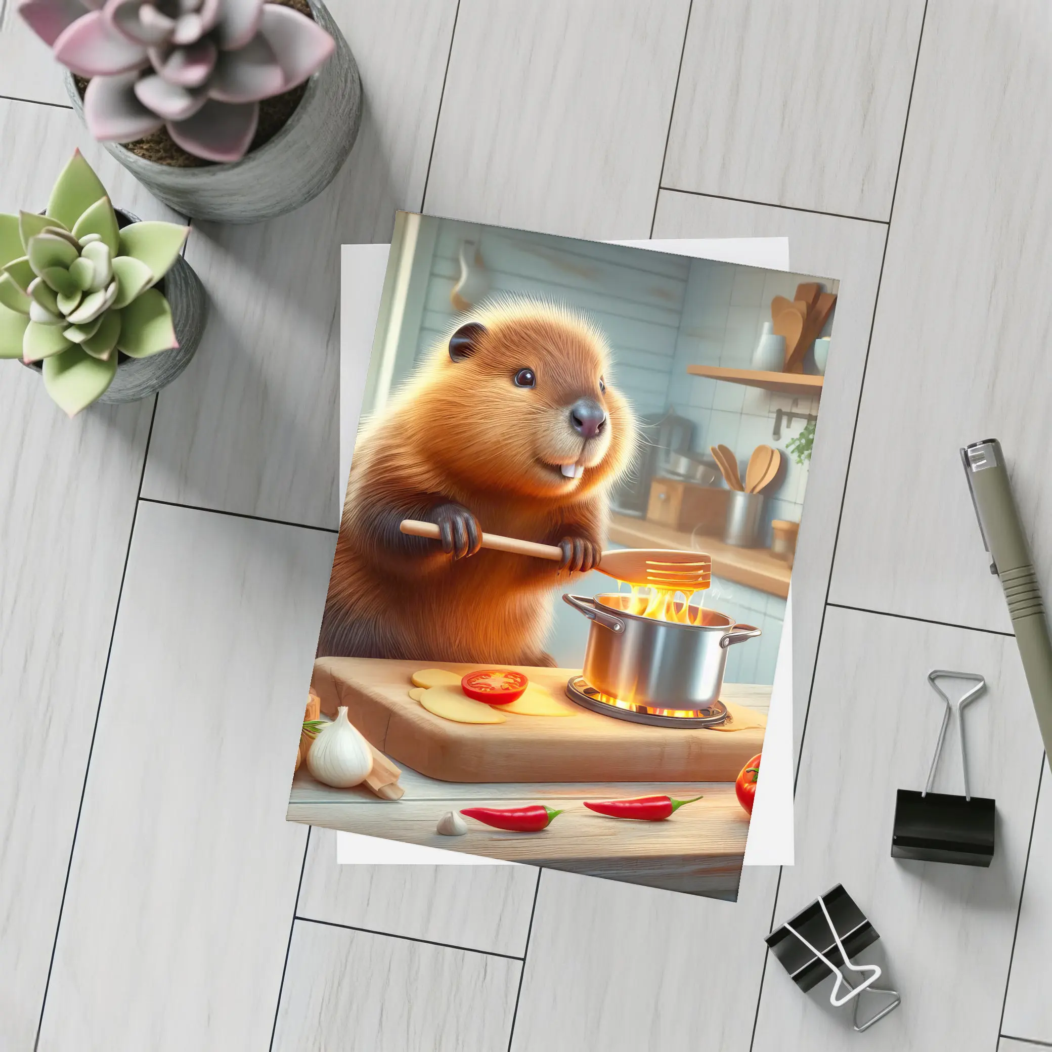 Beaver Cooking in Cozy Kitchen Scene – Postcards