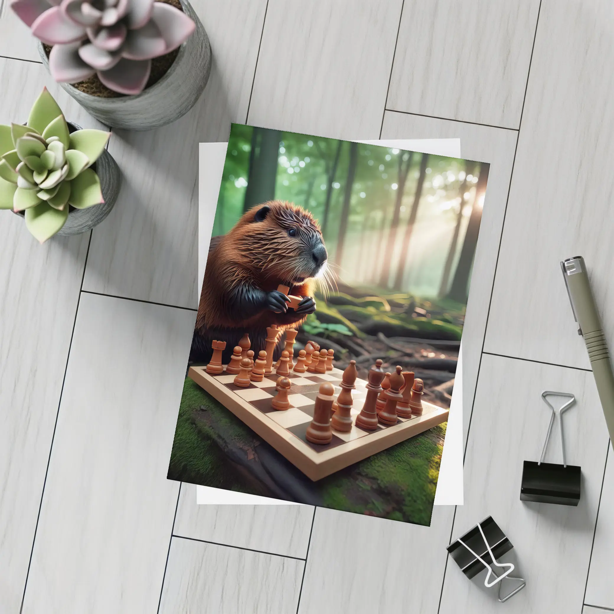 Beaver Playing Chess in Forest – Postcards