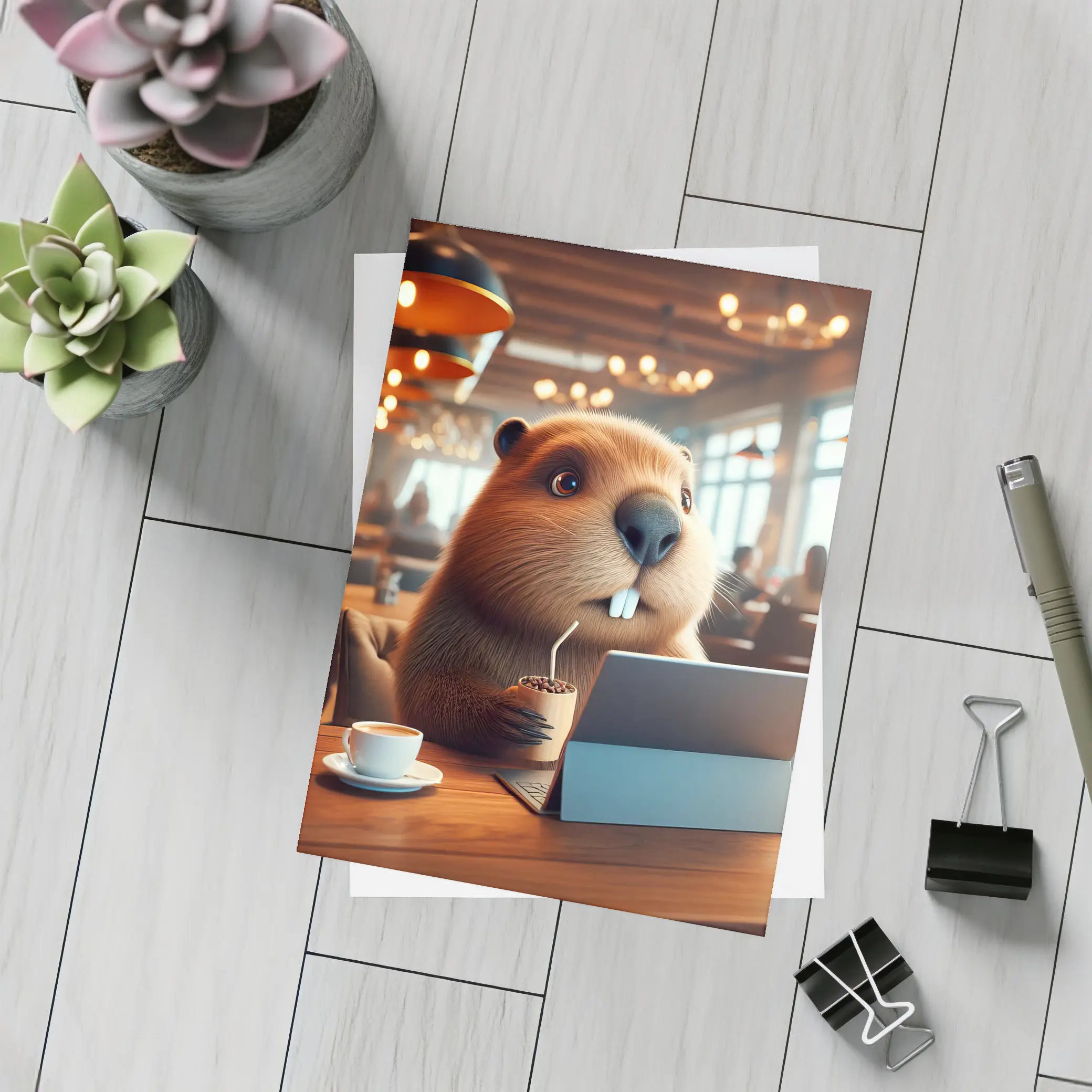 Beaver Working At Cafe Coffee Shop – Postcards