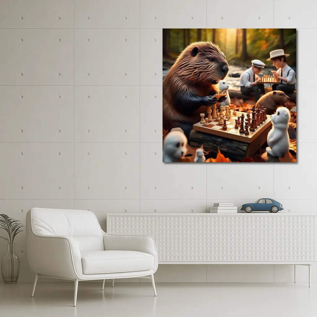 Beaver Playing Chess Autumn Forest Scene – Wall Art