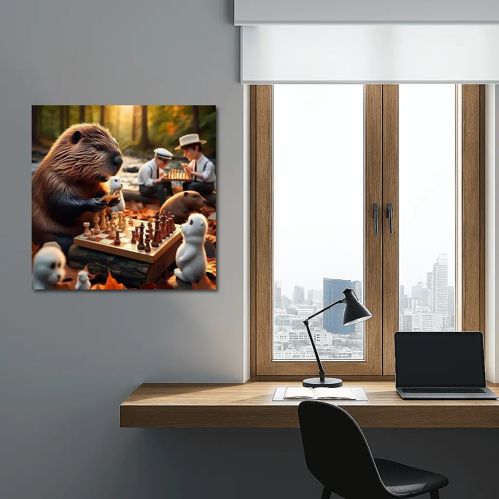 Beaver Playing Chess Autumn Forest Scene – Wall Art