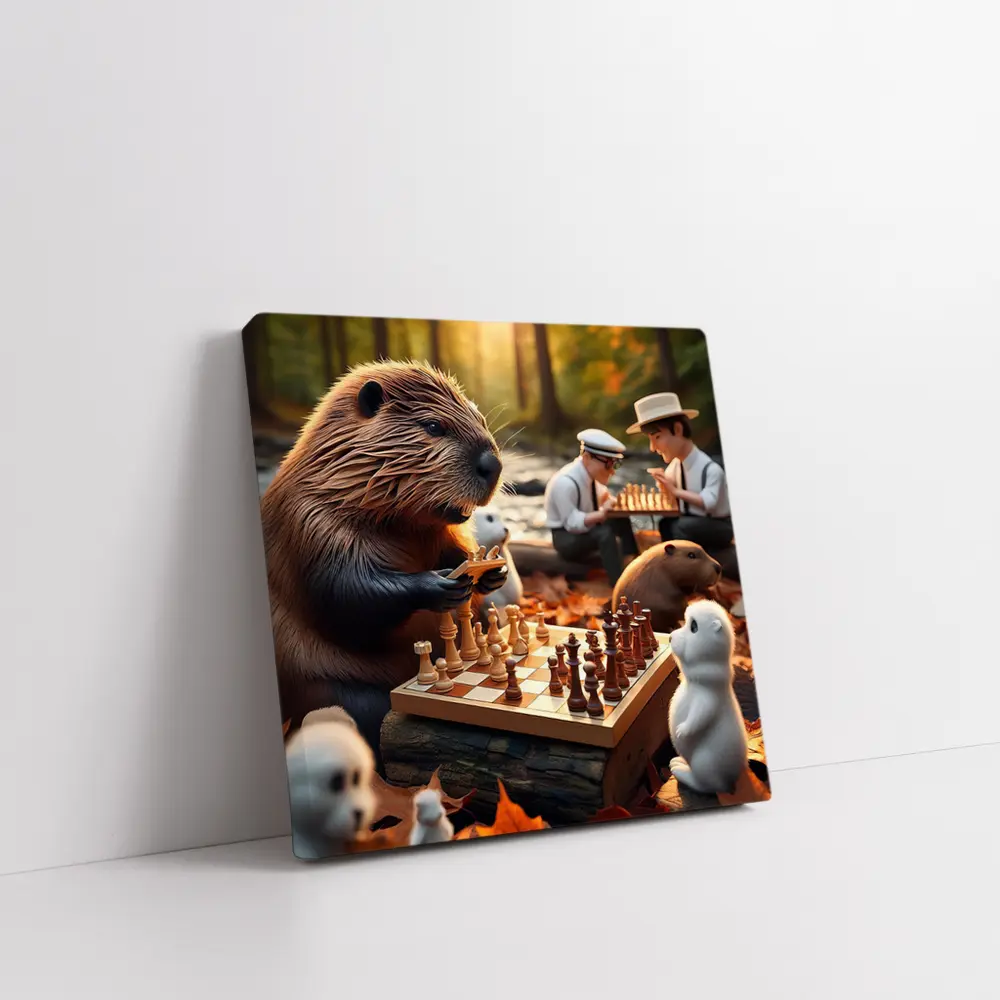 Beaver Playing Chess Autumn Forest Scene – Wall Art