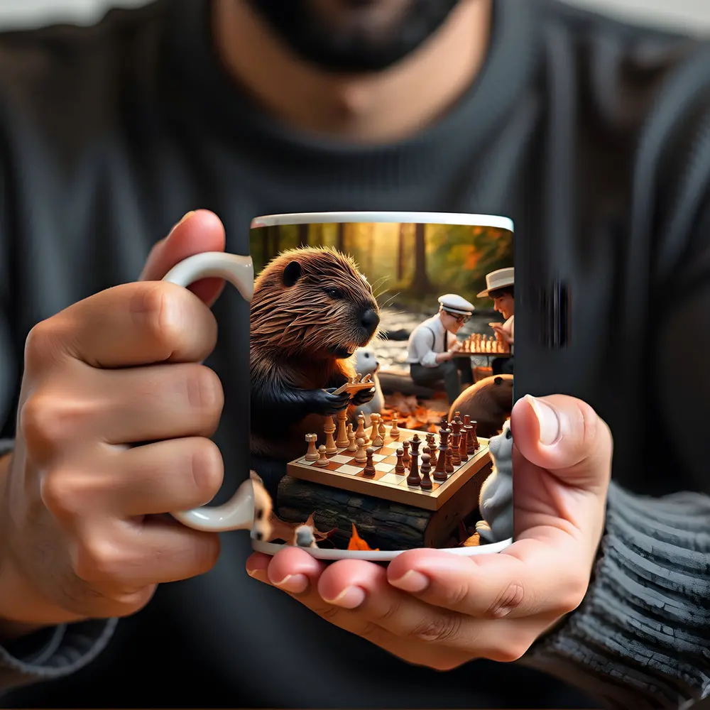 Beaver Playing Chess Autumn Forest Scene – Mugs