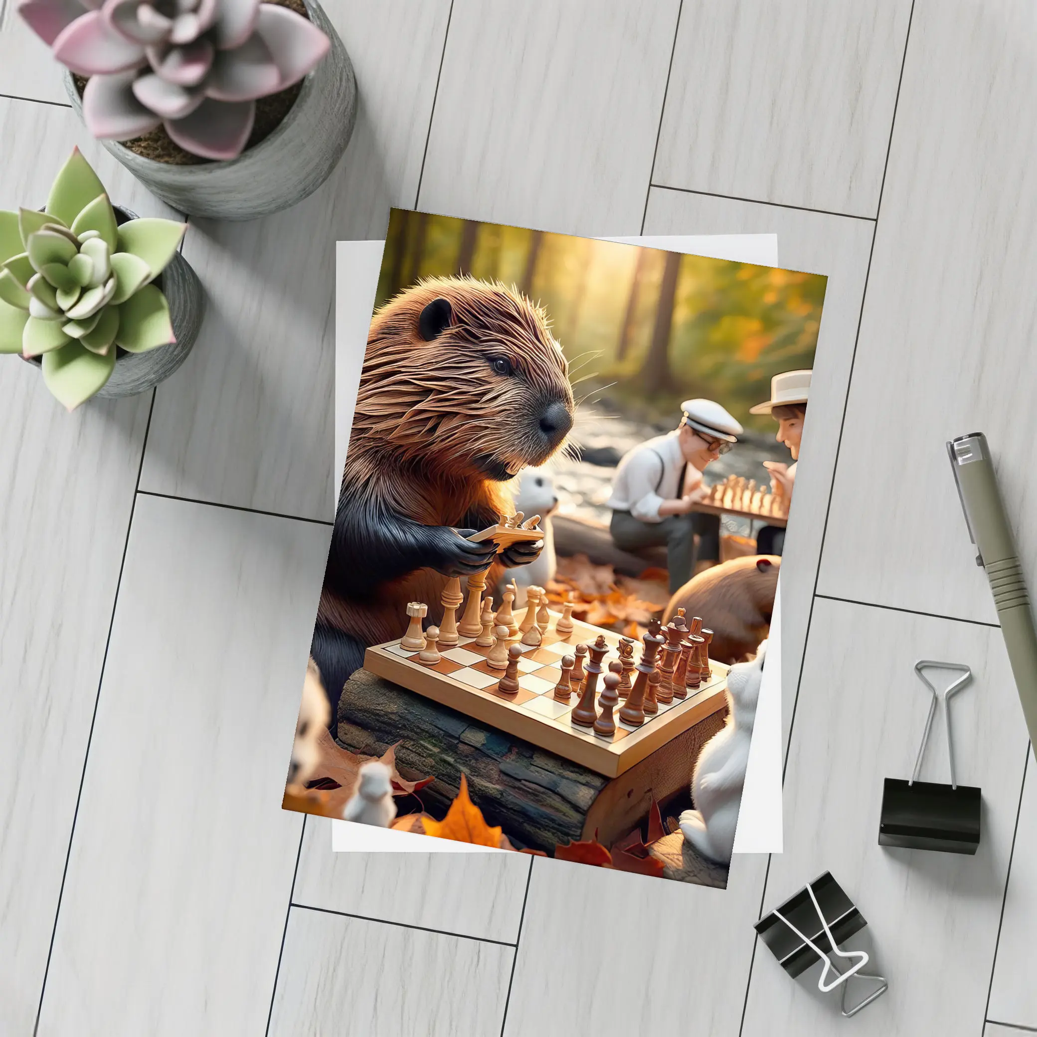 Beaver Playing Chess Autumn Forest Scene – Postcards