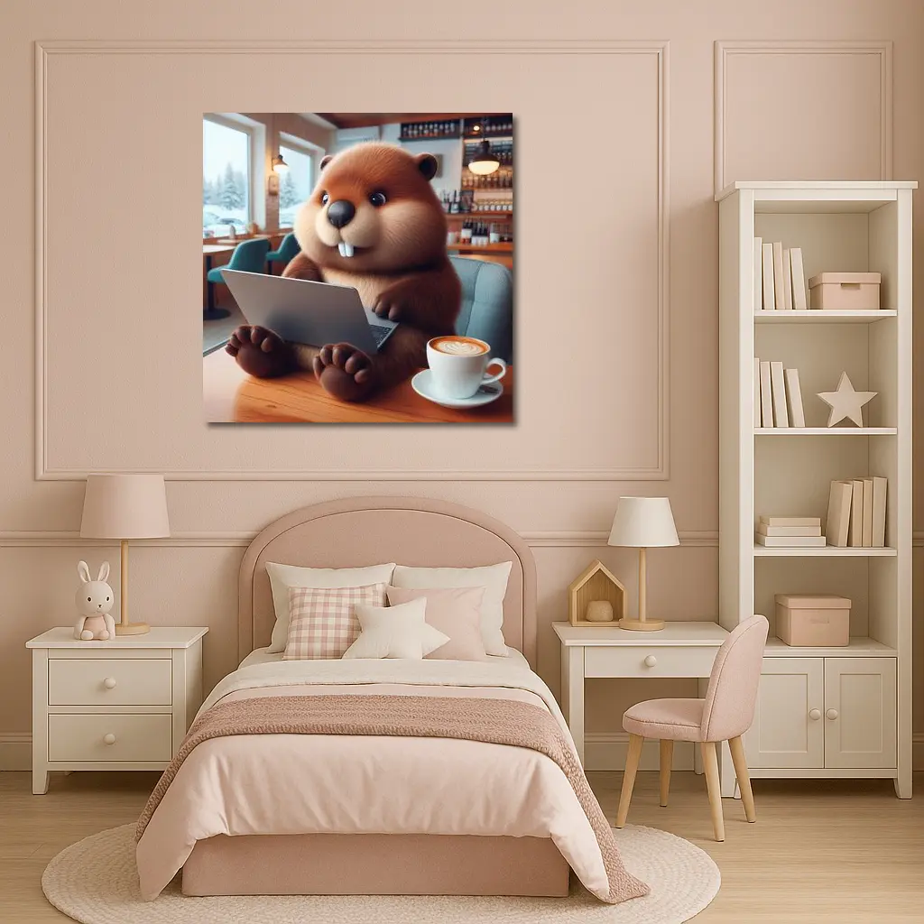 Cartoon Beaver Working On Laptop In Cafe – Wall Art