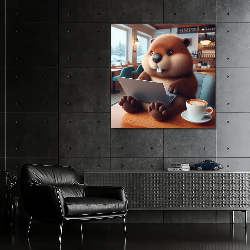 Cartoon Beaver Working On Laptop In Cafe – Wall Art