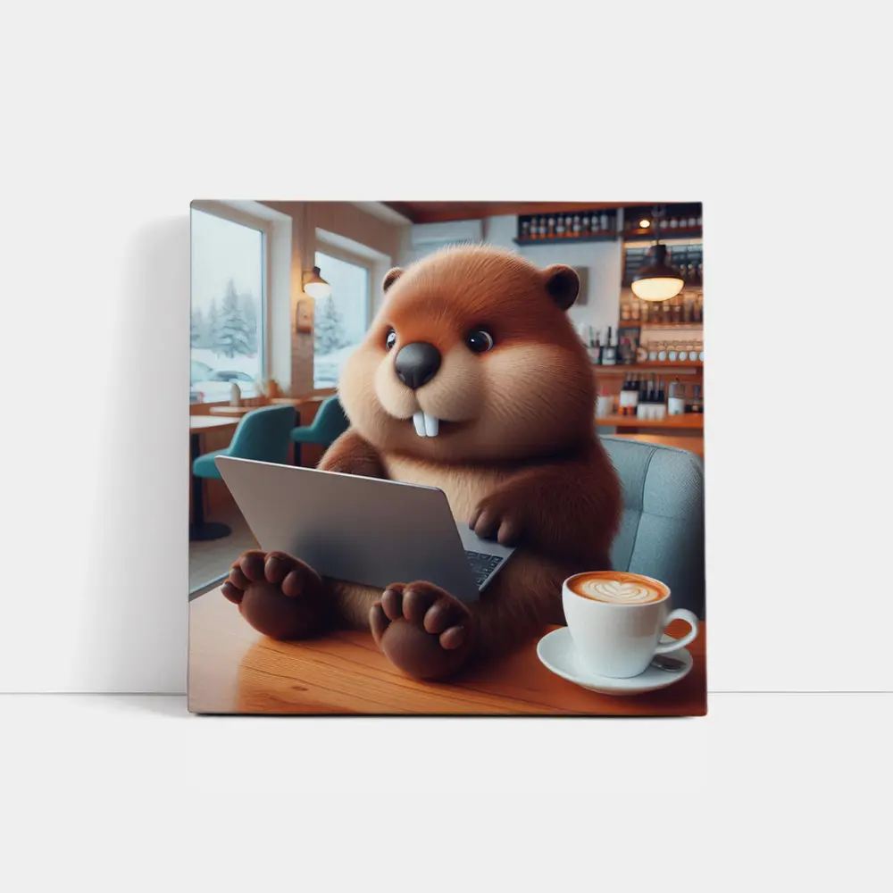 Cartoon Beaver Working On Laptop In Cafe – Wall Art