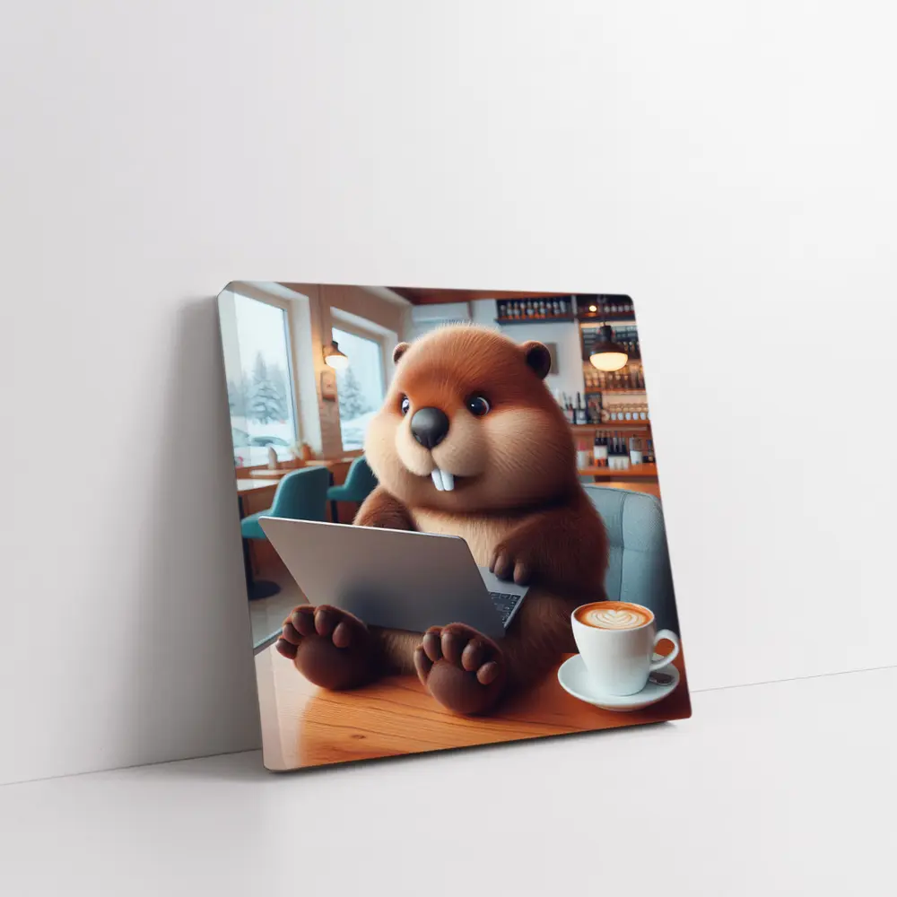 Cartoon Beaver Working On Laptop In Cafe – Wall Art
