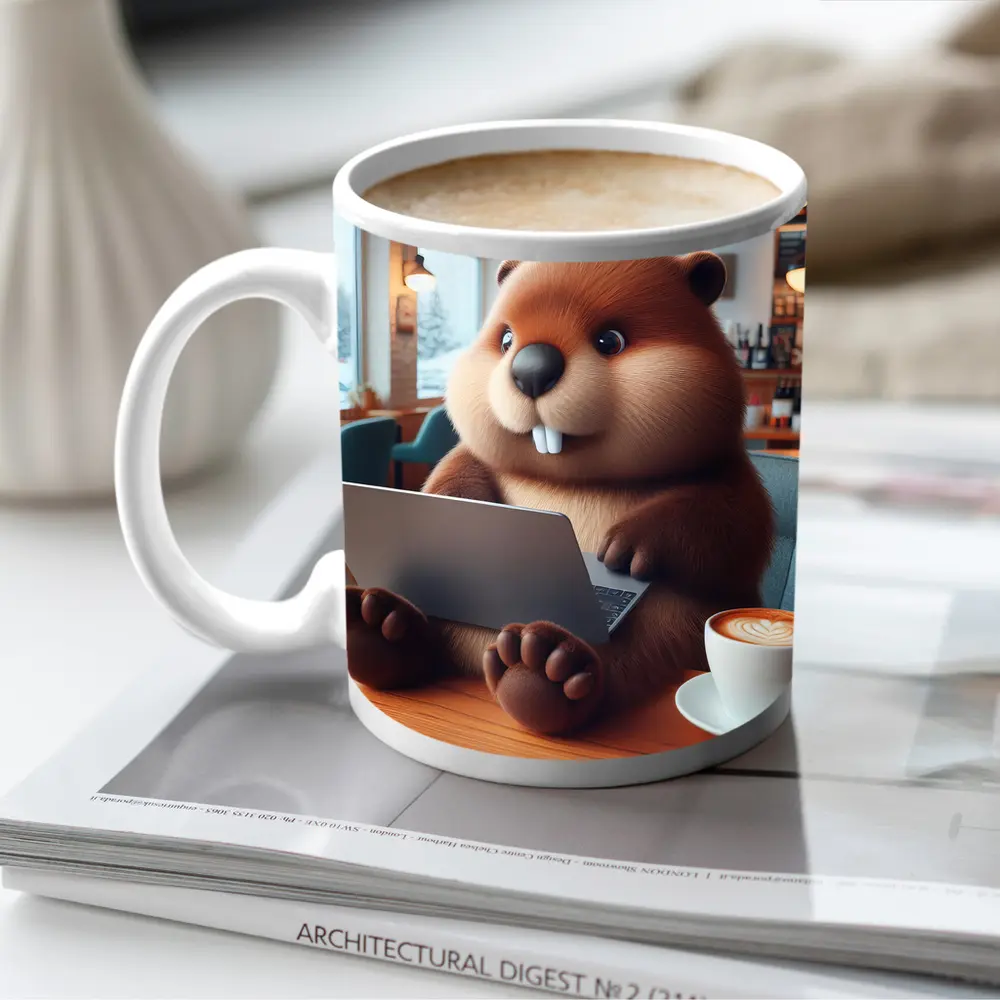 Cartoon Beaver Working On Laptop In Cafe – Mugs