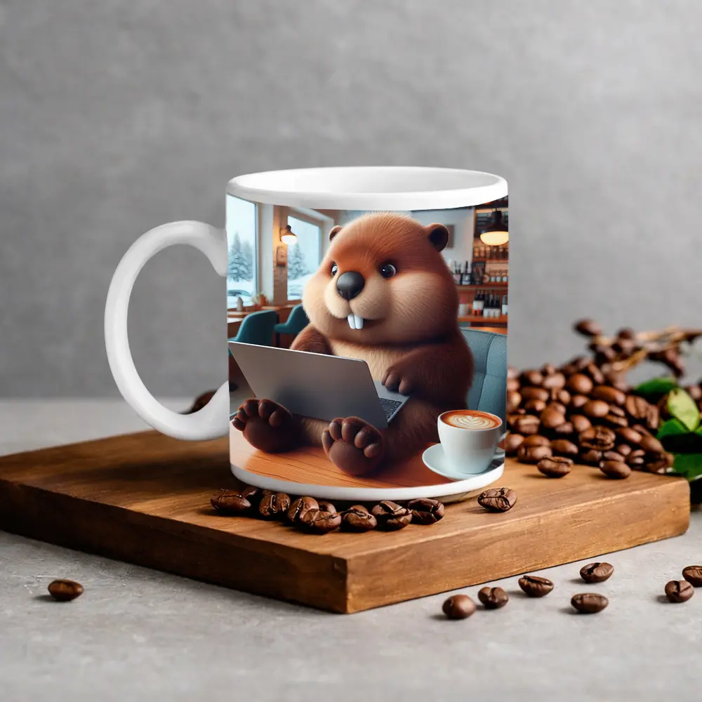 Cartoon Beaver Working On Laptop In Cafe – Mugs