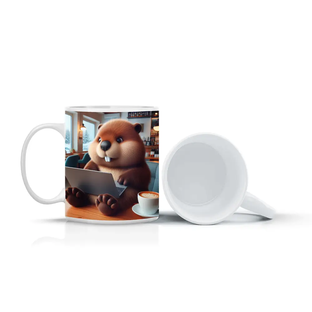 Cartoon Beaver Working On Laptop In Cafe – Mugs