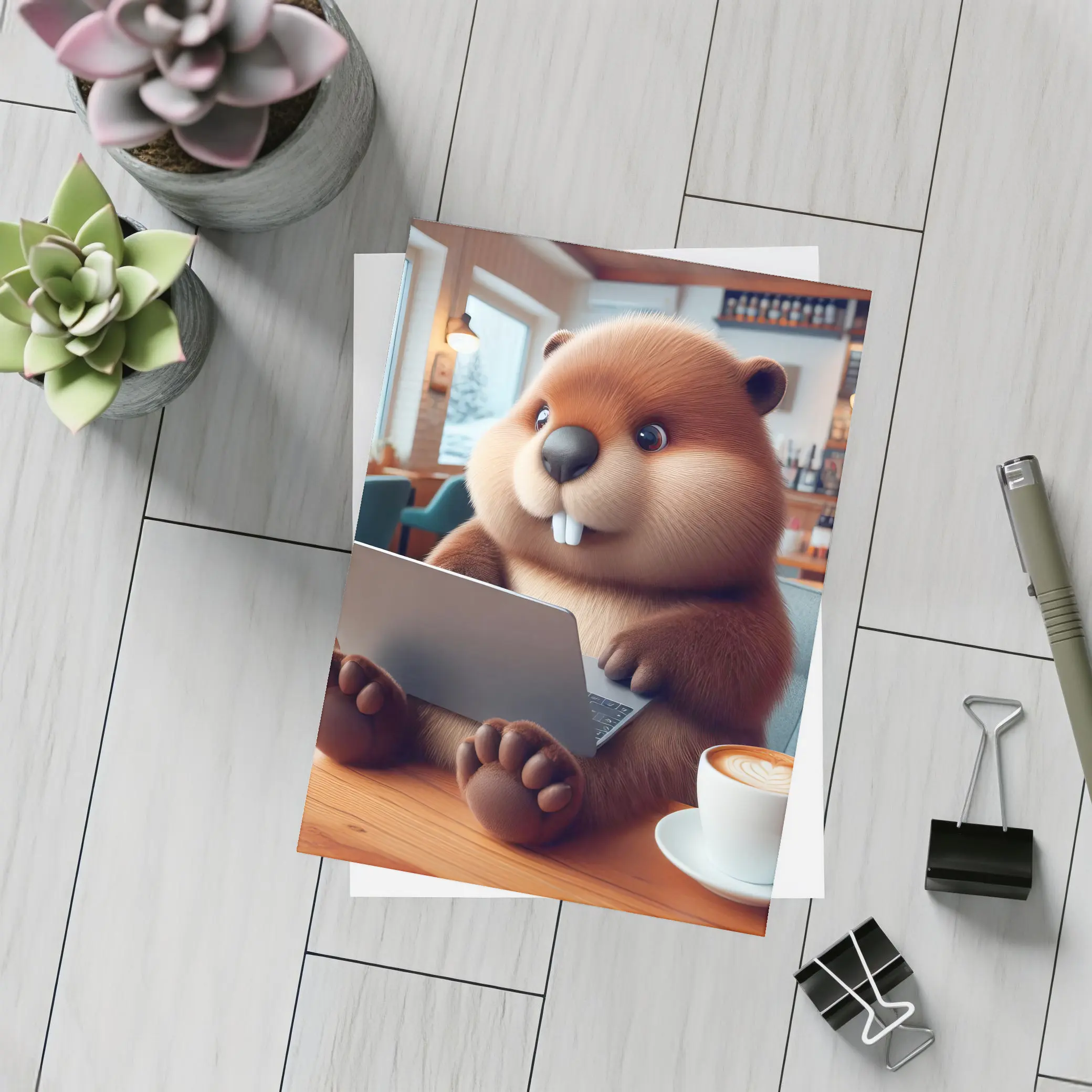 Cartoon Beaver Working On Laptop In Cafe – Postcards