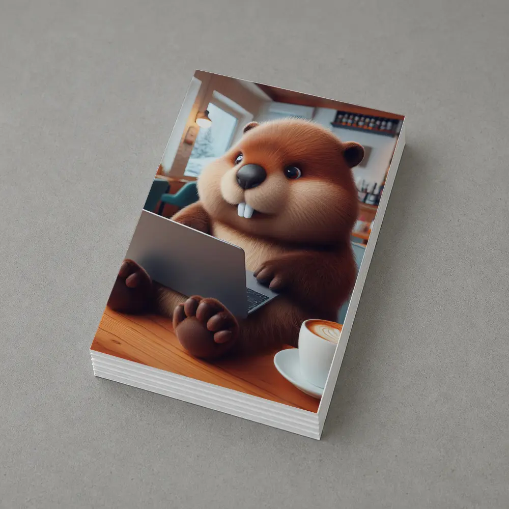 Cartoon Beaver Working On Laptop In Cafe – Postcards