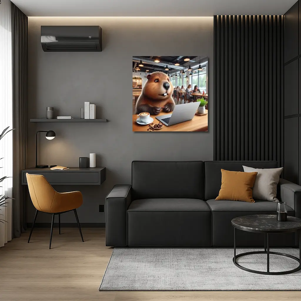 Beaver Working on Laptop in Cafe – Wall Art