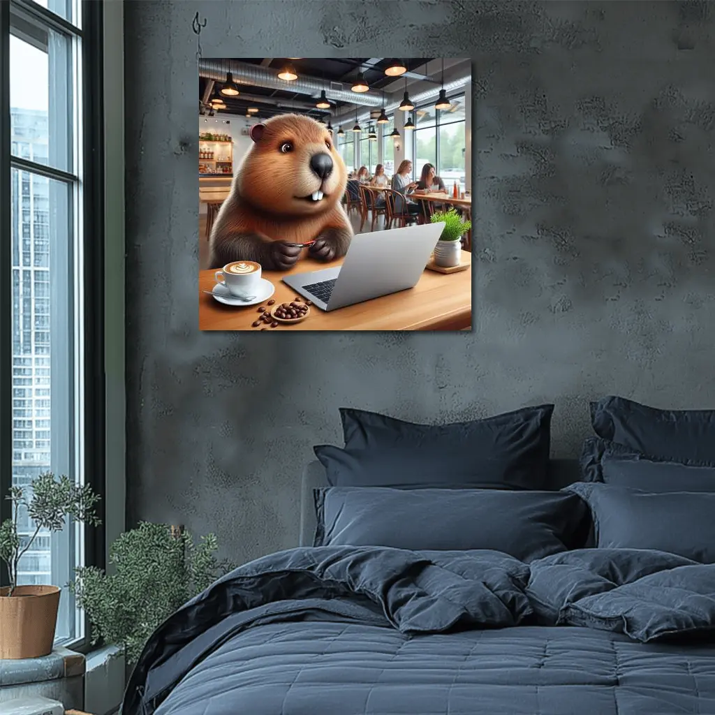 Beaver Working on Laptop in Cafe – Wall Art