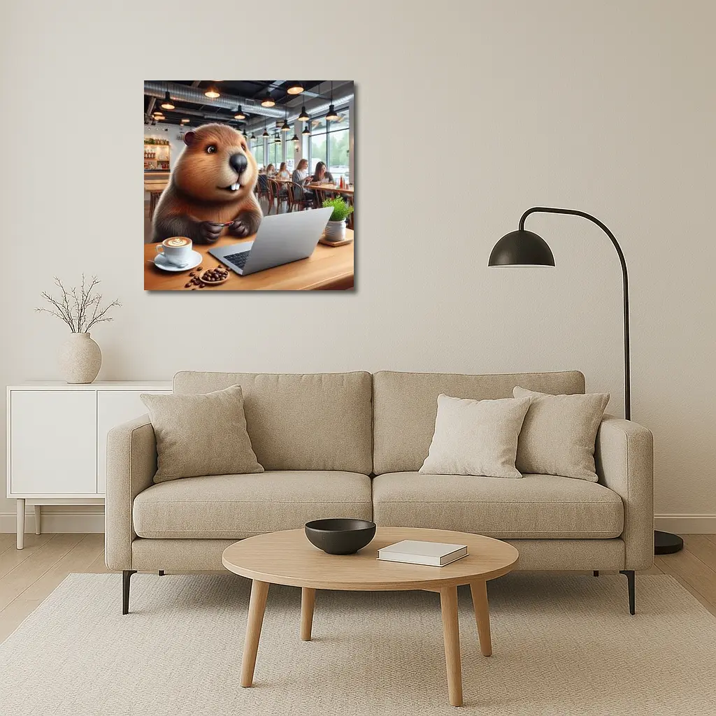 Beaver Working on Laptop in Cafe – Wall Art