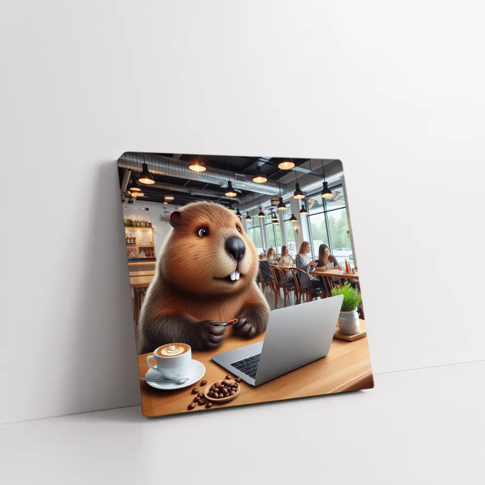 Beaver Working on Laptop in Cafe – Wall Art