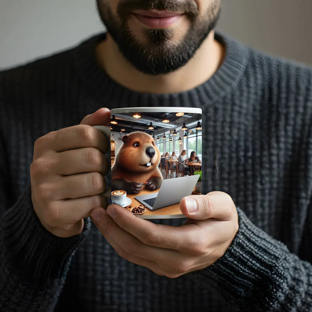 Beaver Working on Laptop in Cafe – Mugs
