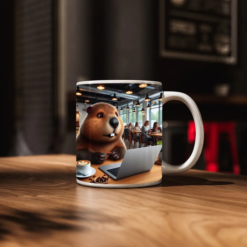 Beaver Working on Laptop in Cafe – Mugs